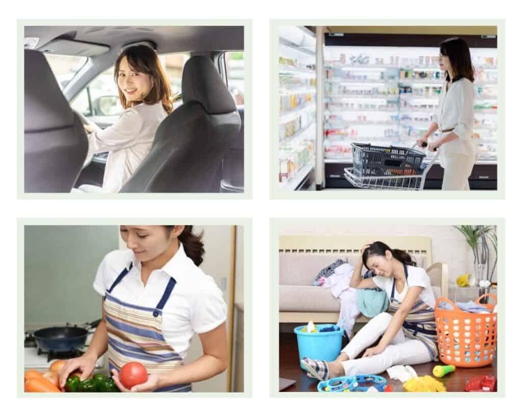 子育て中の女性が買い物や片付けをする日常の様子