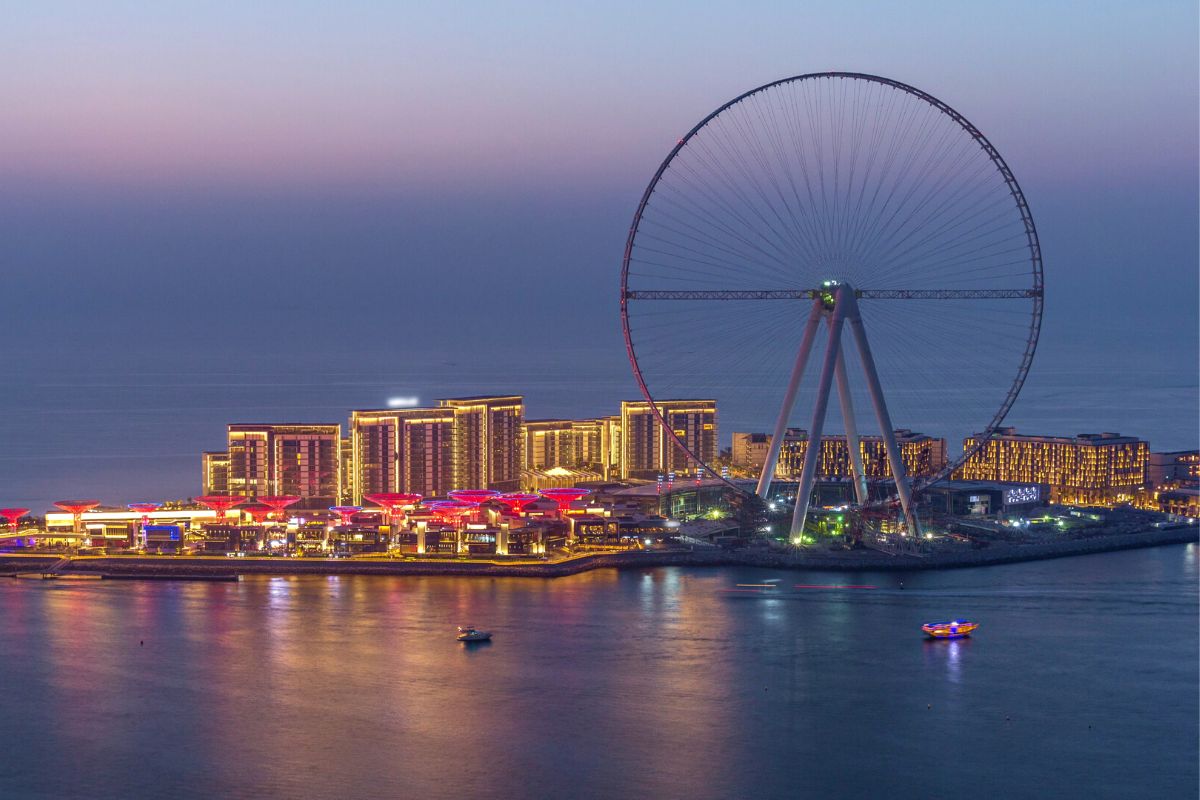 The city view of Bluewaters Island and The Beach with the big ferris wheel, a potential place for the Eid Al Adha fireworks display this 2024 in Dubai
