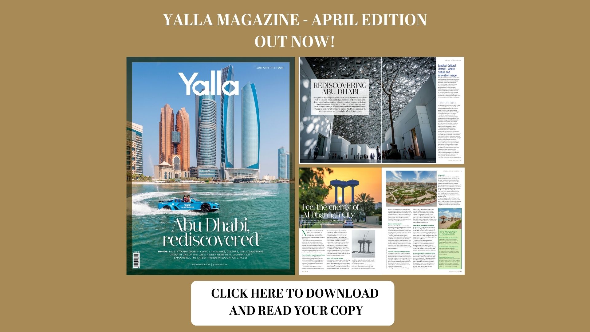 Yalla Dubai Magazine April Edition cover, showcasing Abu Dhabi skyline and urban lifestyle.