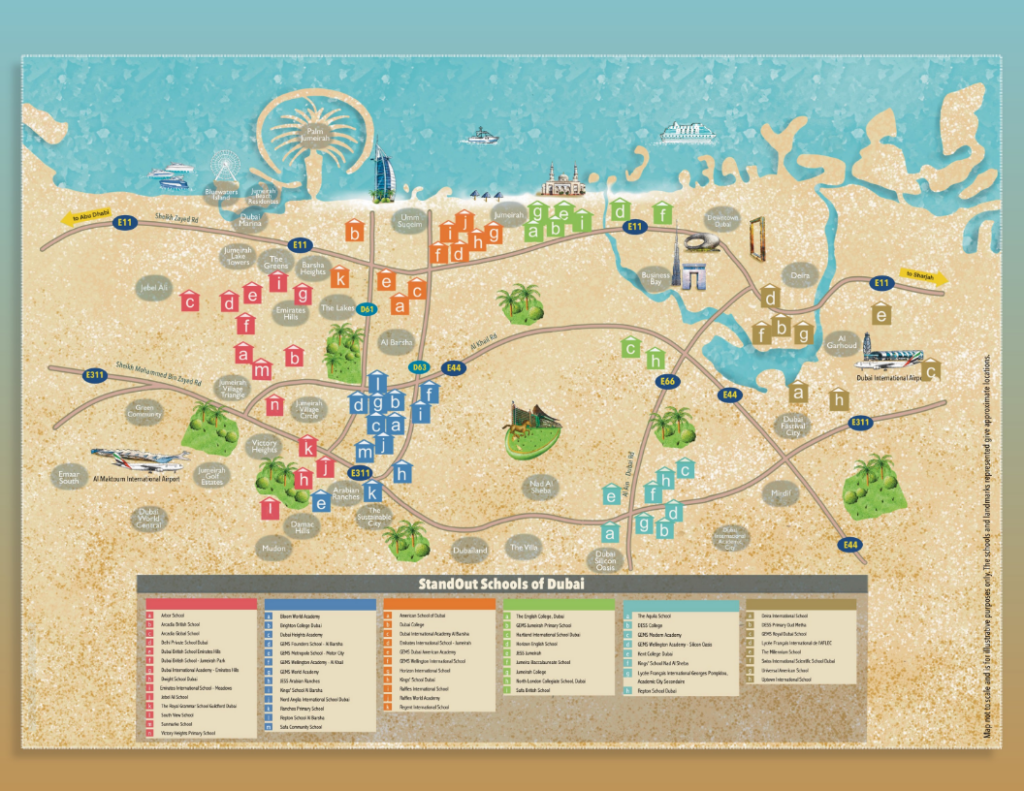 Educational map of Dubai schools and institutions.