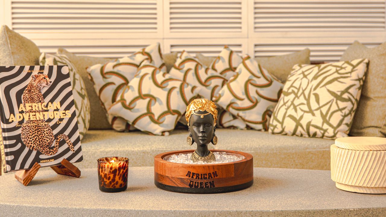 African Queen jungle-themed brunch in Dubai with exotic decor and African-inspired art.