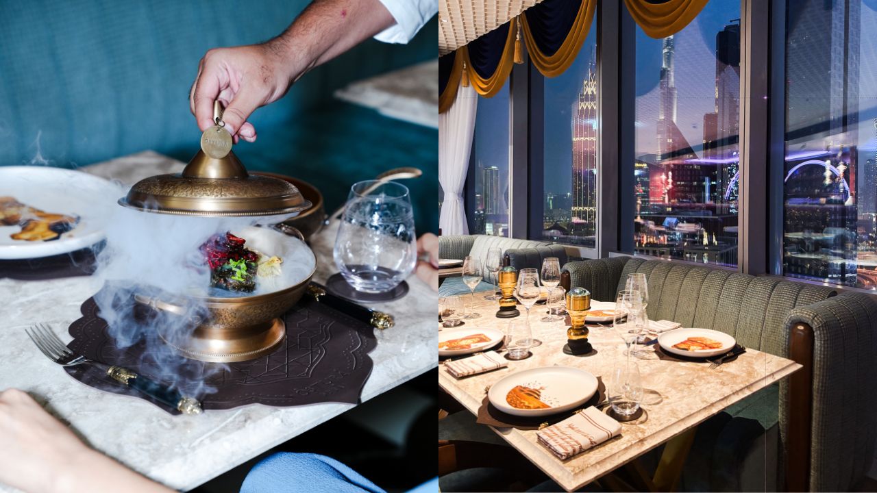 Elegant Middle Eastern dining table with traditional dishes and a steaming hot pot, set against Duba.