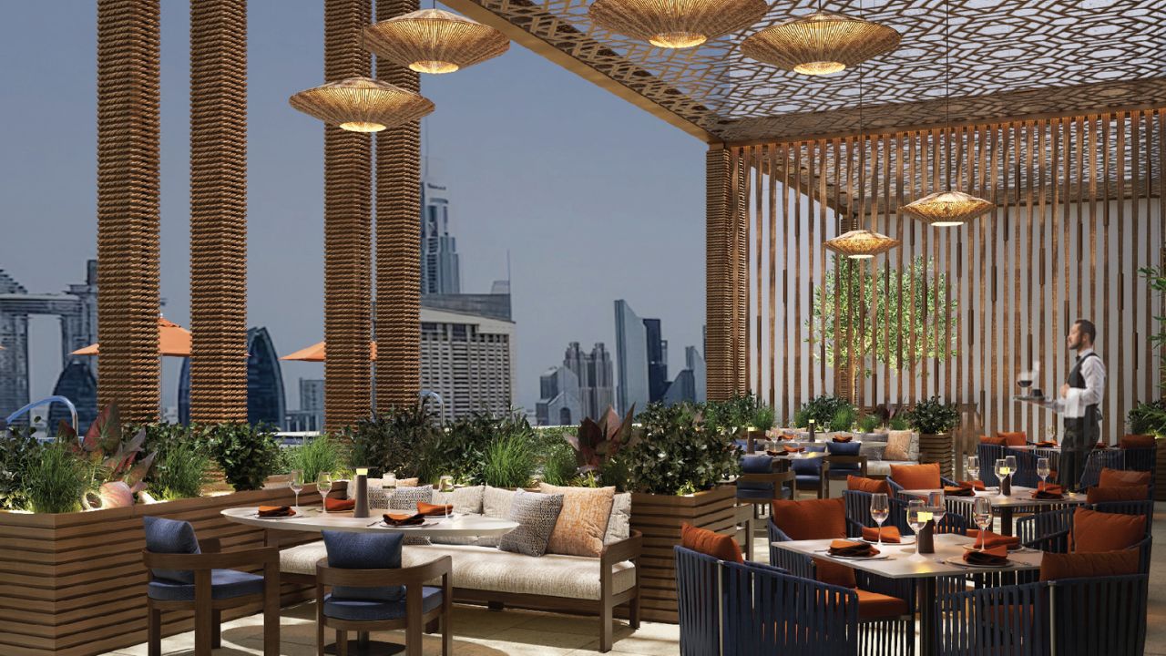 Luxurious rooftop restaurant in Dubai with city skyline views and elegant decor.