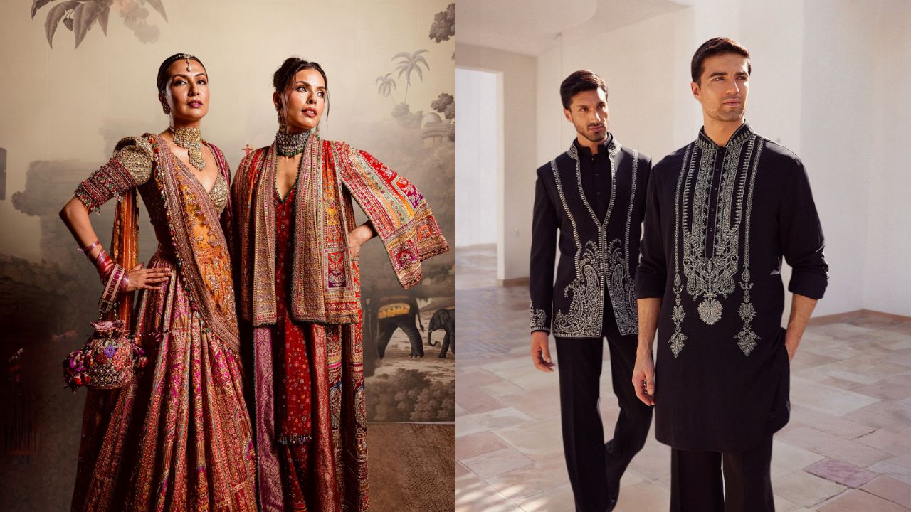 Elegant Indian traditional couture showcased at Yalla Dubai Life, featuring models in vibrant, intri.
