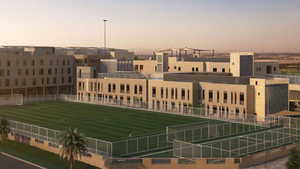 Modern school campus with sports facilities in Dubai.