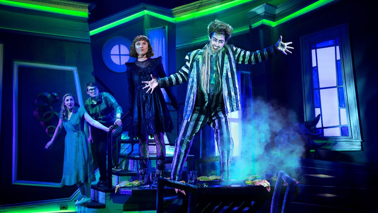 Cast of Beetlejuice the Musical performing on stage in Abu Dhabi.