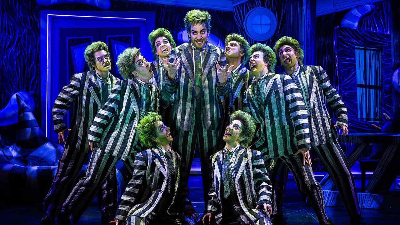 Cast of Beetlejuice the Musical performing on stage in Abu Dhabi.