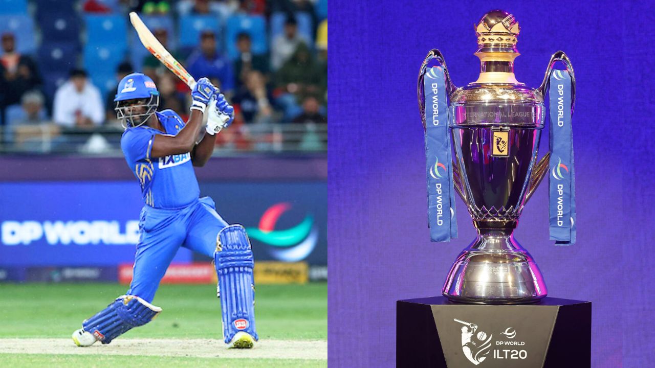 Cricket player in action during ILT20 match with trophy in background.