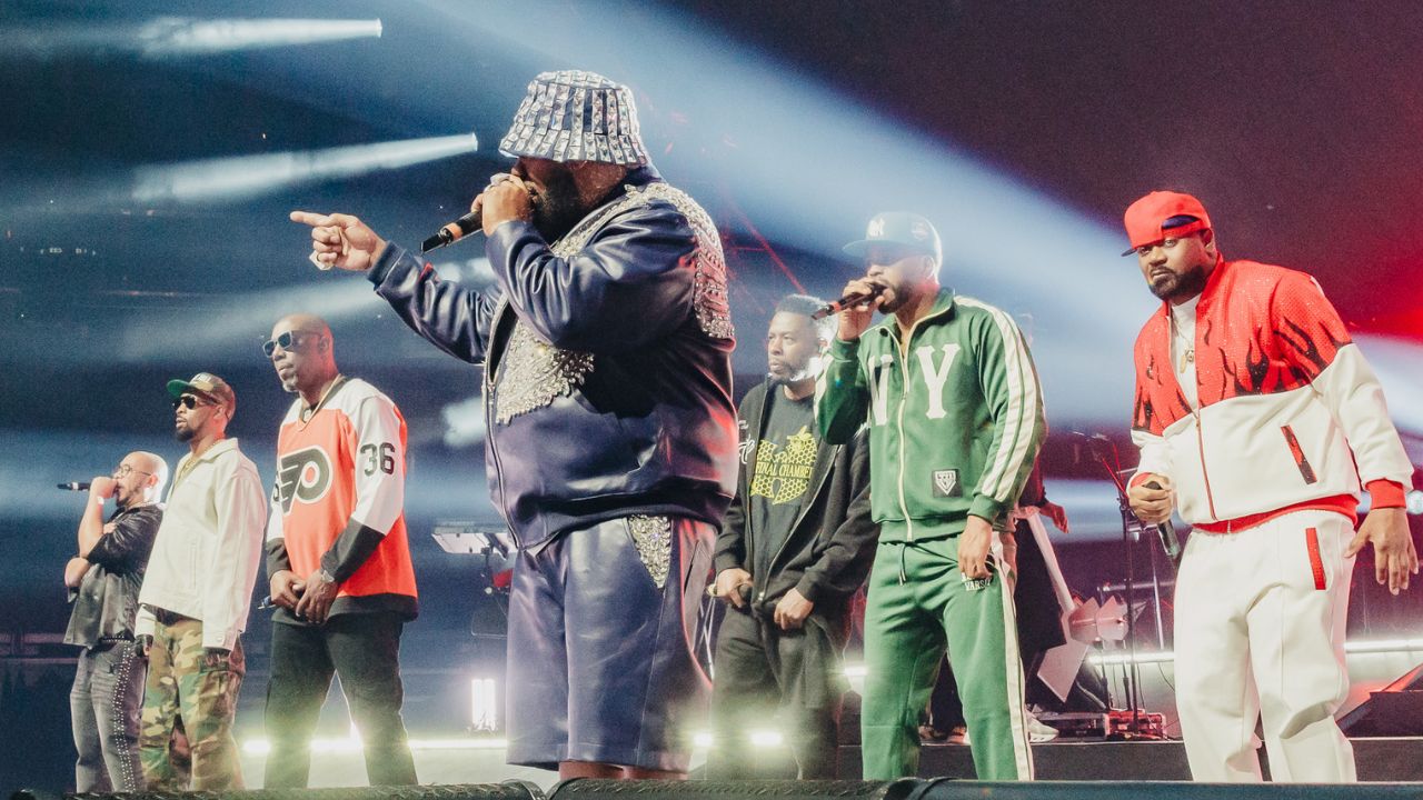 Wu-Tang Clan performing live on stage in Dubai, hip hop concert.
