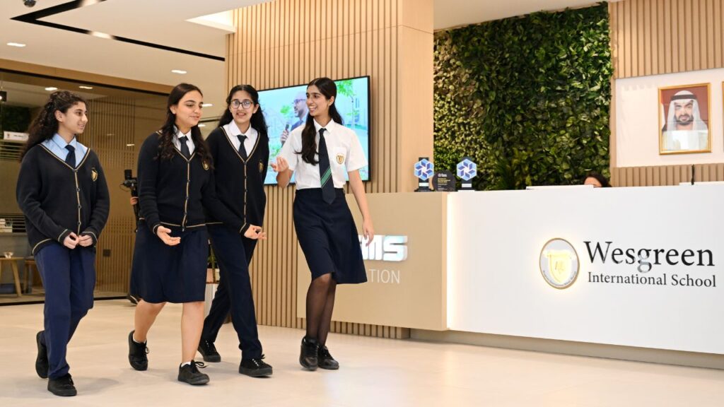 Students walking inside Wesgreen International School in Dubai.