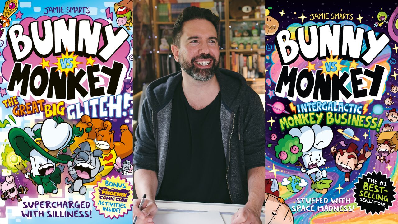 Jamie Smart with Bunny vs Monkey comic book covers at Yalla Dubai.