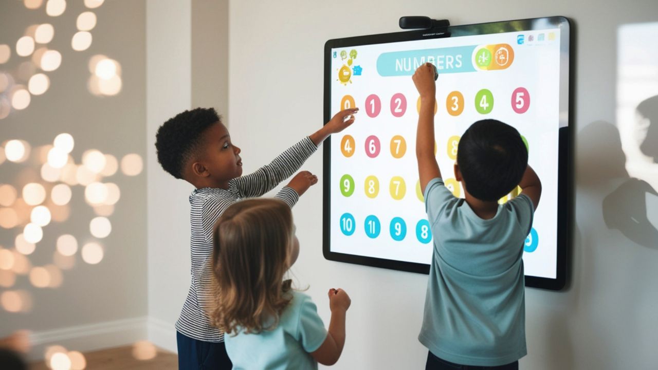 Children engaging with educational digital touchscreen in UAE.