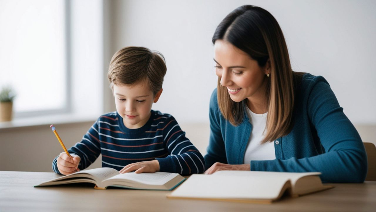 Choosing the right tutor in the UAE for your child's success Woman and boy studying together, selecting a tutor in the UAE for academic success.