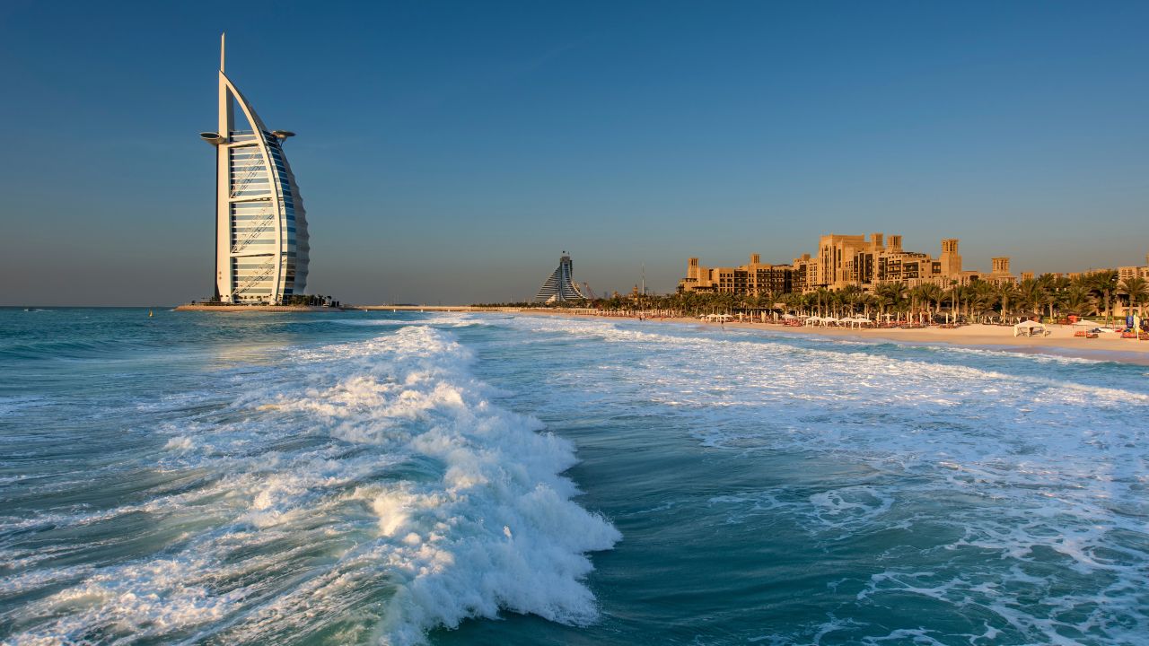 Cityscape of Dubai, United Arab Emirates, with the Burj Al Arab skyscraper on the coastline