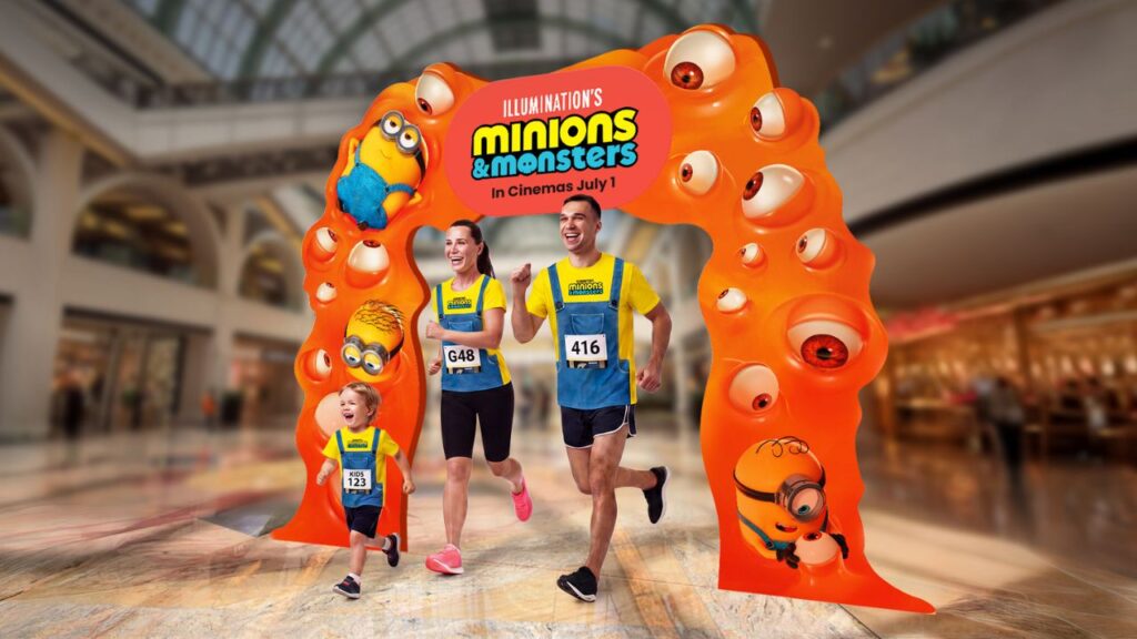 Family running event with Minions & Monsters theme in Dubai mall.