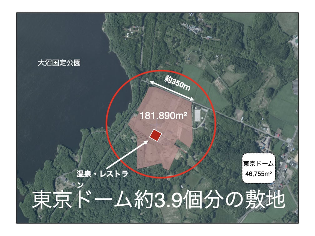 北海道・大沼、リゾート施設上空からの図