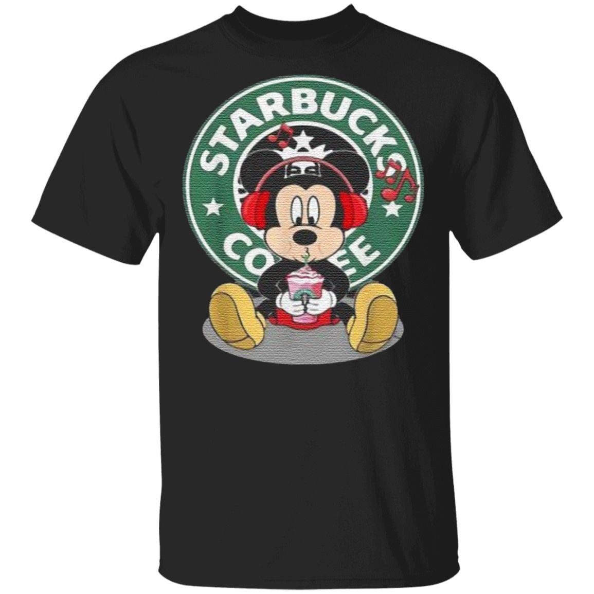 Mickey Mouse Drinking Starbucks Coffee And Listening Music T-Shirt