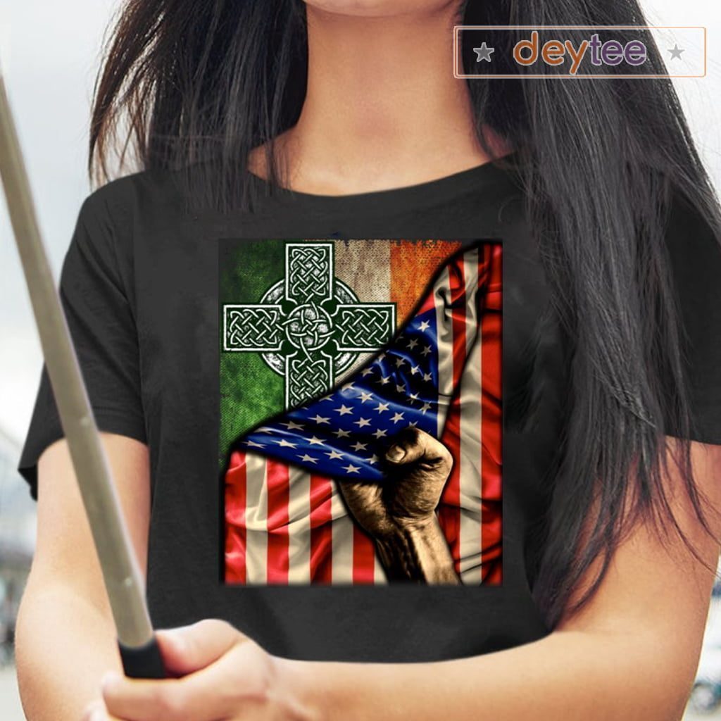 Celtic Cross Irish America Flag Print On Back T-Shirts