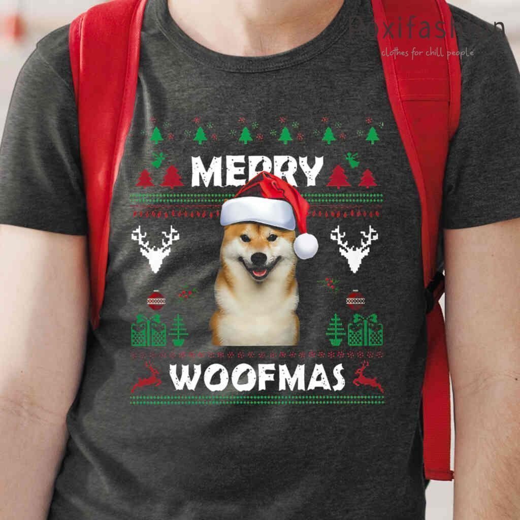 Shiba Inu Merry Woofmas Ugly Christmas Tshirts Black
