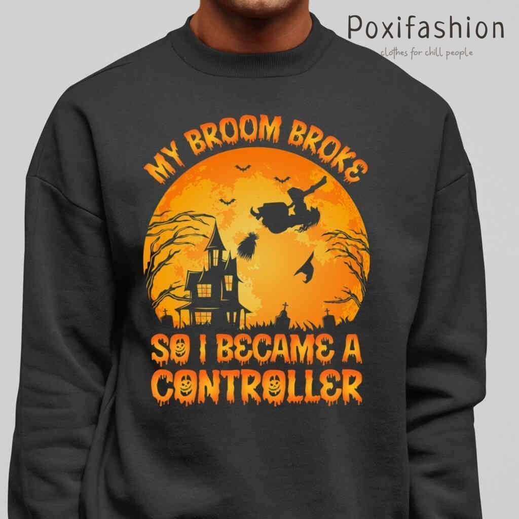 Vintage My Broom Broke So I Became A Controller Halloween Tshirts Black