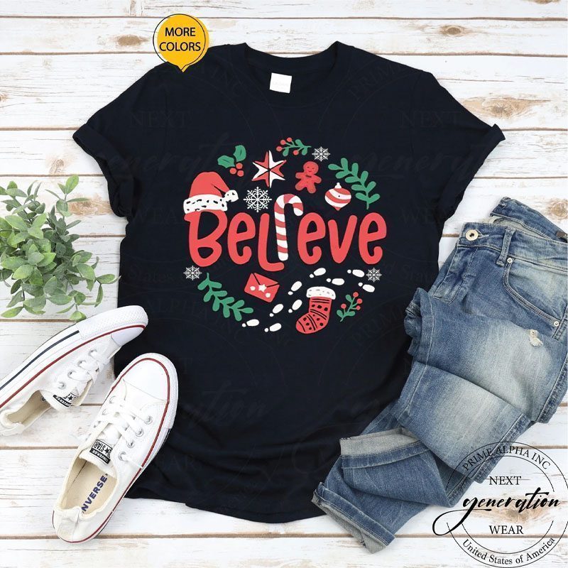 Believe Christmas Shirt Santa Xmas Short Sleeve Kids Holiday Shirts