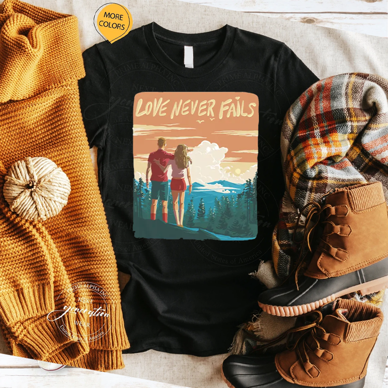 Love Never Fails Sunset Couple T-Shirts