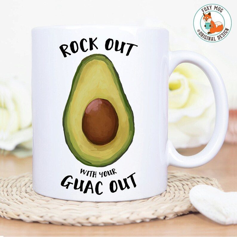 Coffee Mug Rock Out with your Guac Out Avocado Coffee Mug - Great Gift for Vegan or Vegetarian - Funny Mug