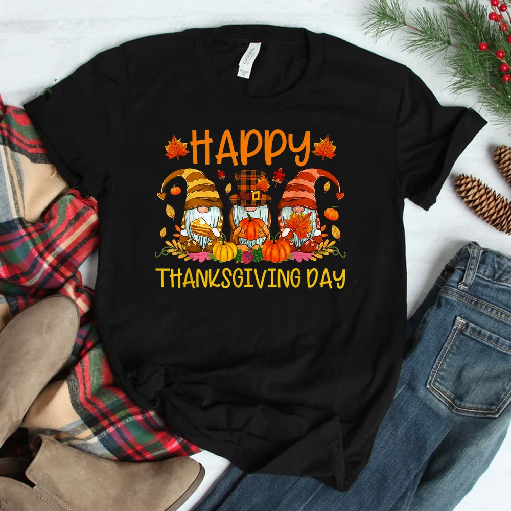 Happy Thanksgiving Day 3 Gnomes Holding Pumpkin Pie Thankful Shirt