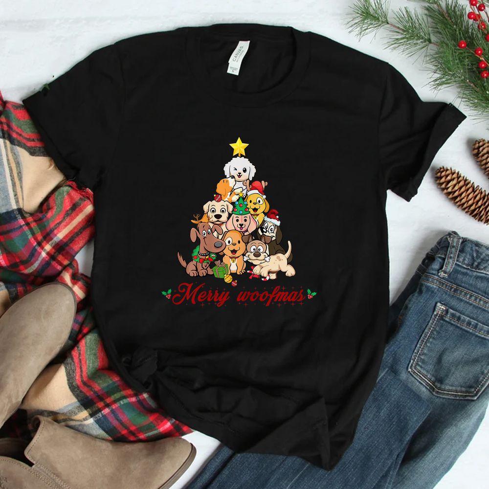 Merry Woofmas Dogs Ornaments Lights Christmas Tree Day Shirt