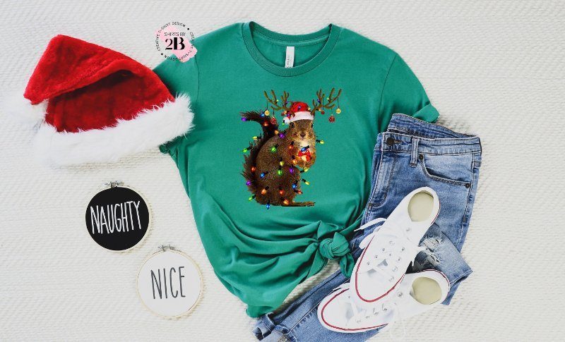 Squirrel Christmas Shirt, Squirrel With Santa Hat Reindeer Horns Xmas Lights