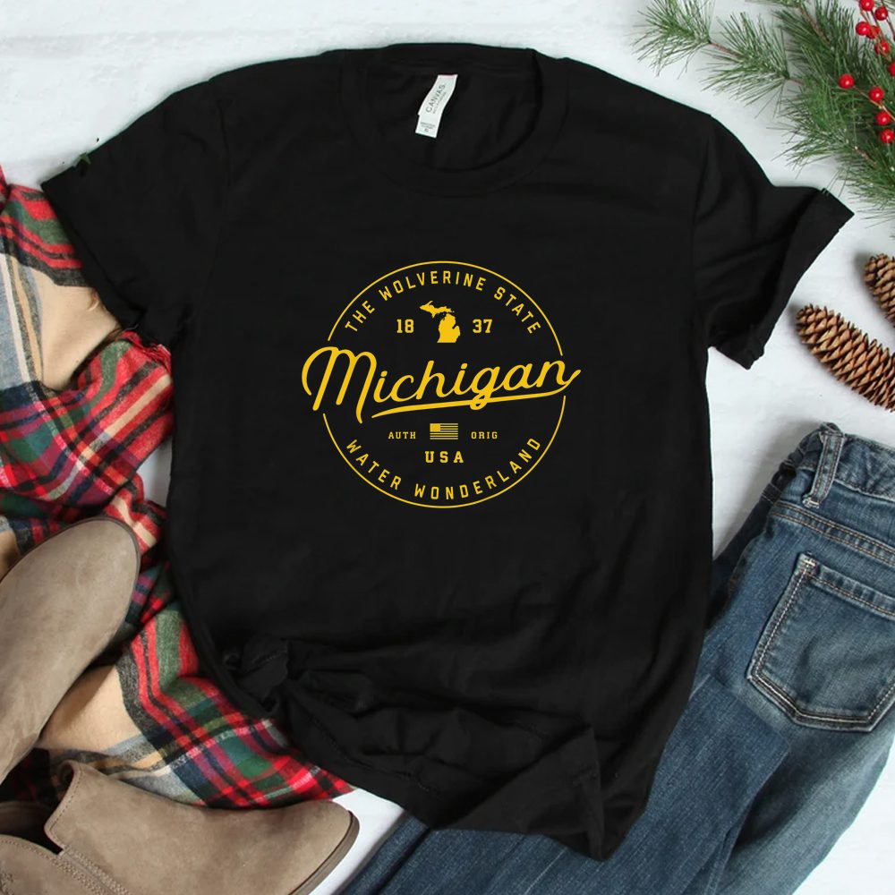 Yellow Navy Blue Mi Round Travel Vacation Michigan Shirt