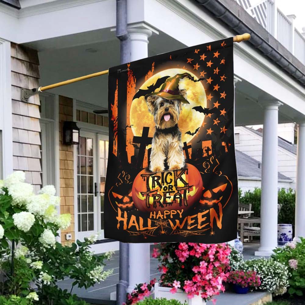 Yorkie. Happy Halloween. Trick Or Treat America Flag