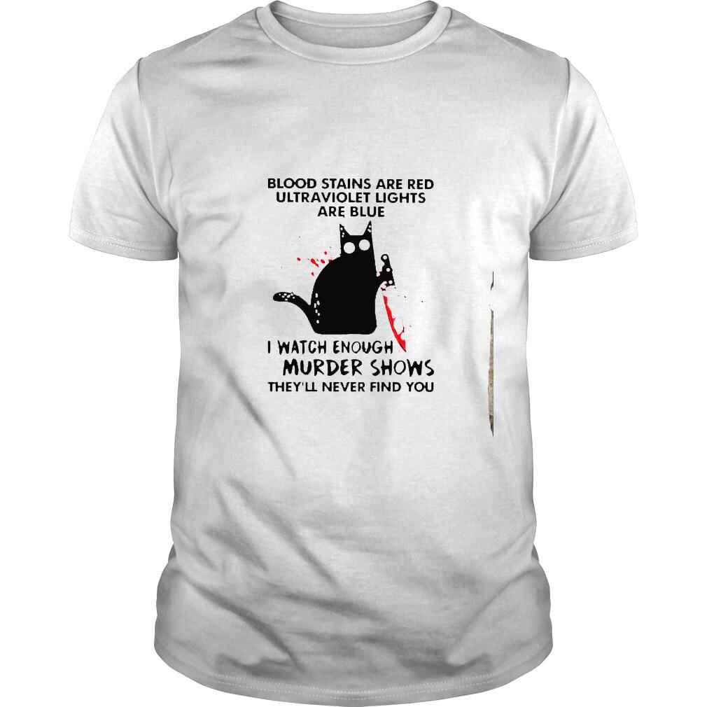 Black cat blood stains are red ultraviolet lights are blue shirt