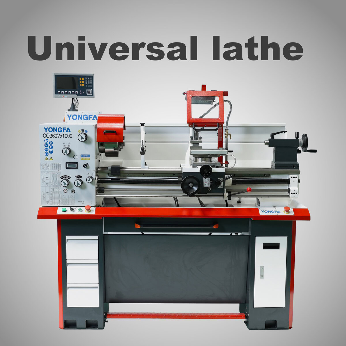 Universal lathe with controls and features displayed, branded 'YONGFA'.