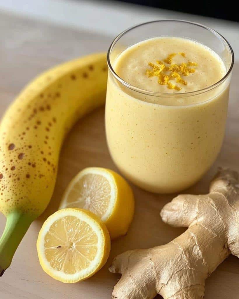 Refreshing banana lemon ginger smoothie in a glass, garnished with lemon slice and fresh ginger root.