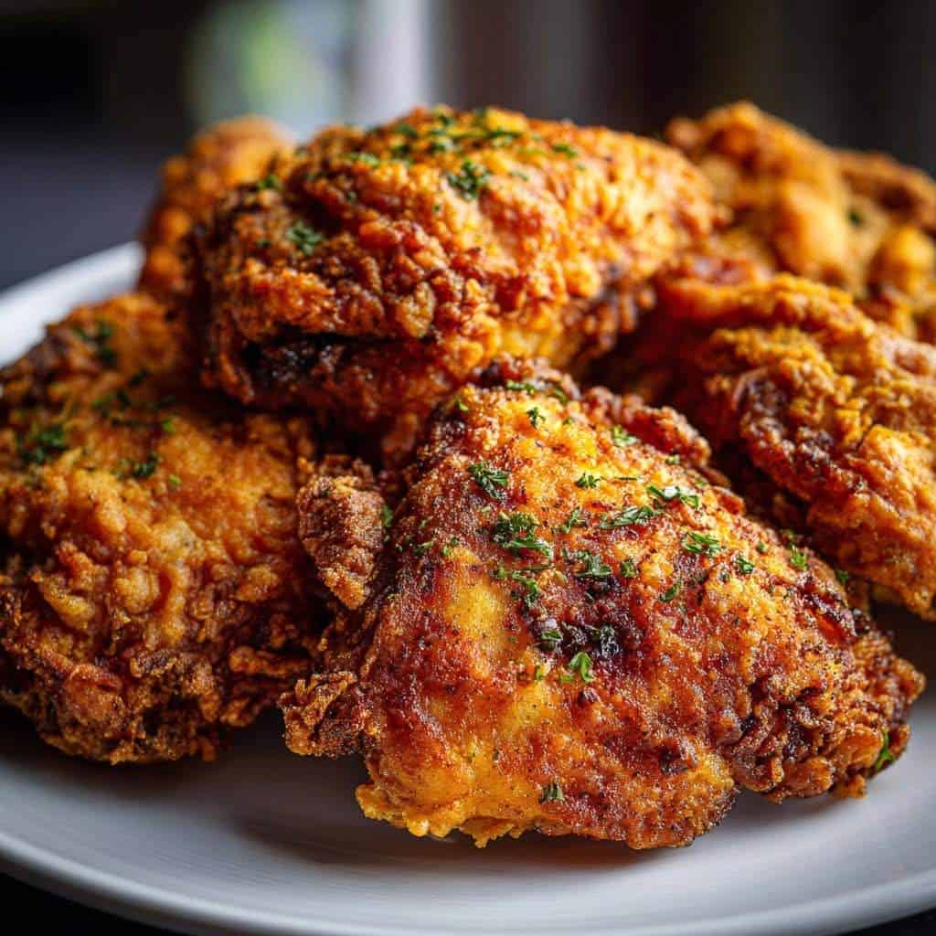 "Crispy buttermilk fried chicken thighs served hot on a plate, golden and juicy with a crunchy coating – classic southern-style comfort food