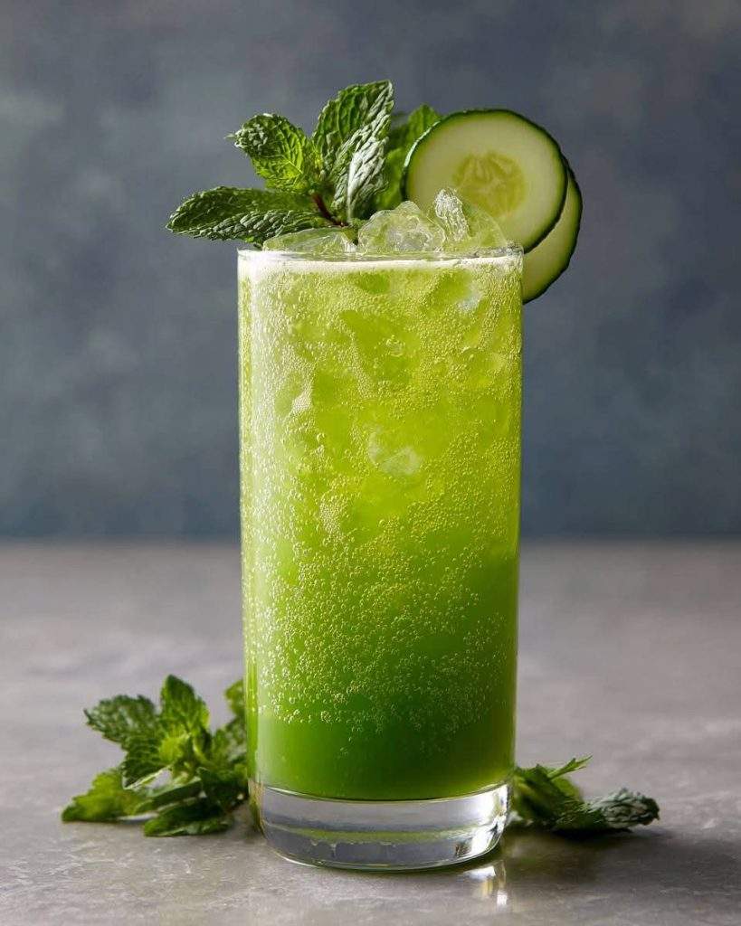 Cucumber Mint Sparkler served in a glass with lime, mint leaves, and ice