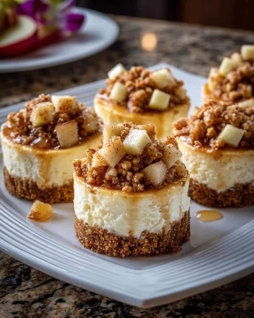 Mini Apple Cinnamon Cheesecake Cups topped with caramelized apples and a sprinkle of cinnamon in cupcake liners, perfect for fall desserts.