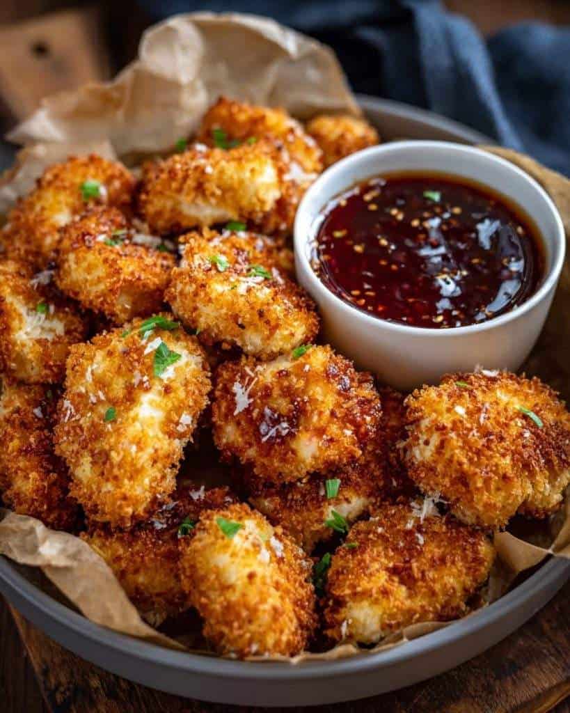 Baked Honey Garlic Chicken Nuggets served on a white plate with a drizzle of sticky honey garlic sauce and sprinkled parsley.