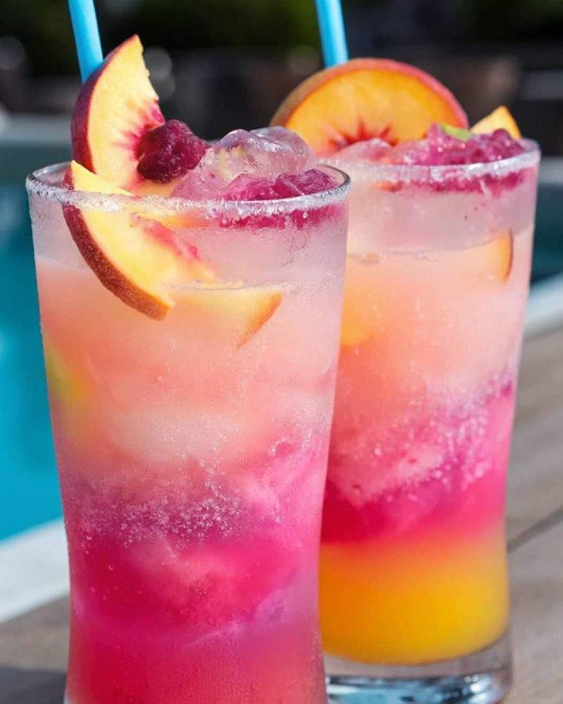 Beach Peach Lemonade served in a tall glass with ice, garnished with a lemon wedge and peach slice, and a splash of grenadine sinking like a sunset.