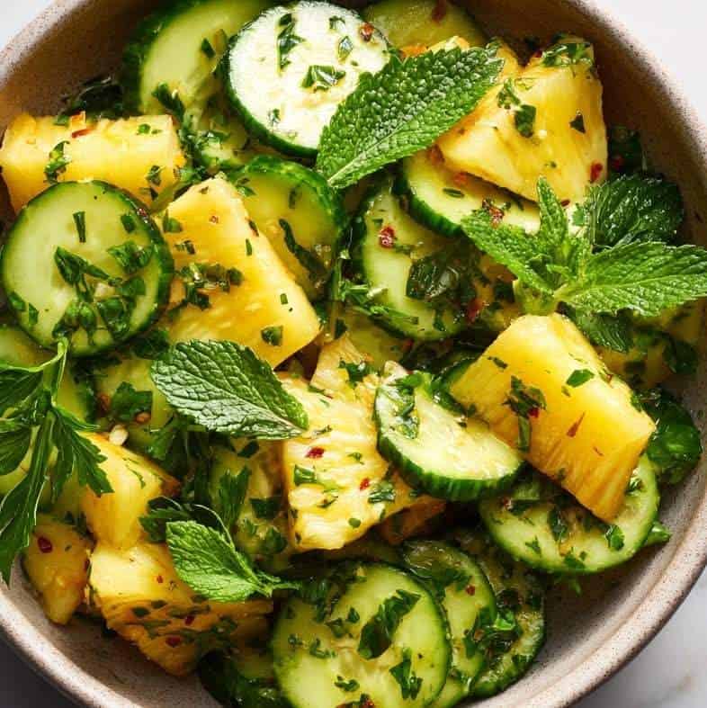 Fresh and vibrant cucumber pineapple salad served in a bowl, garnished with mint leaves and herbs – a colorful, refreshing summer dish.