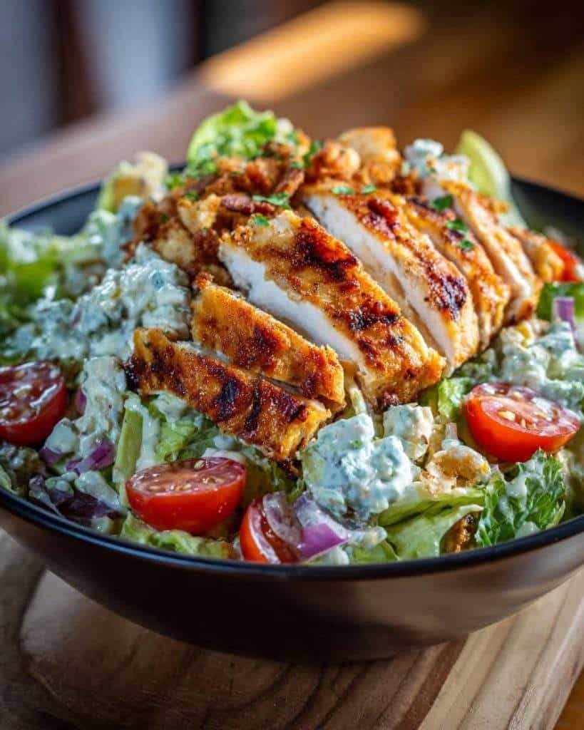 Fresh and vibrant Grilled Chicken Garden Salad with crisp lettuce, juicy cherry tomatoes, sliced grilled chicken, and creamy dressing — a perfect healthy meal!