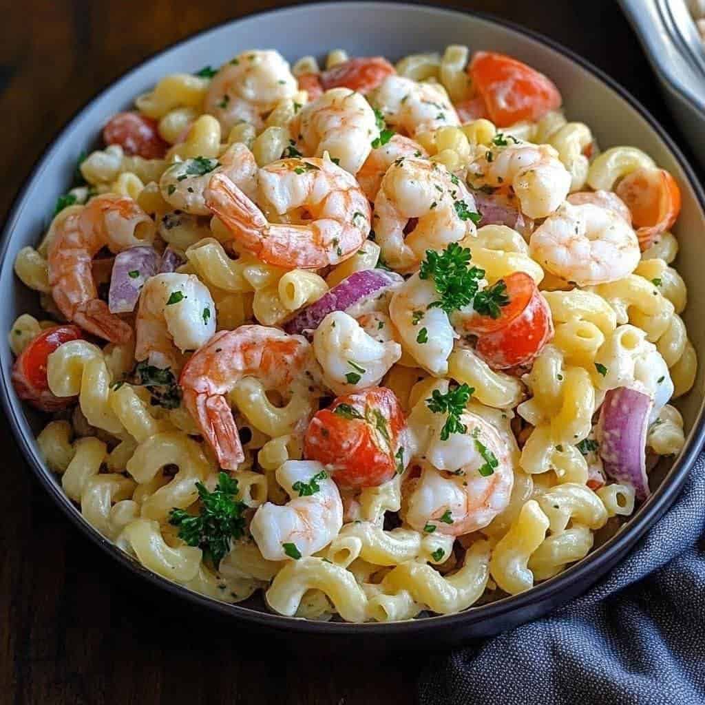 Seafood Pasta Salad with shrimp, crab, red pepper and parsley in a white bowl — Seafood Pasta Salad perfect for summer picnics