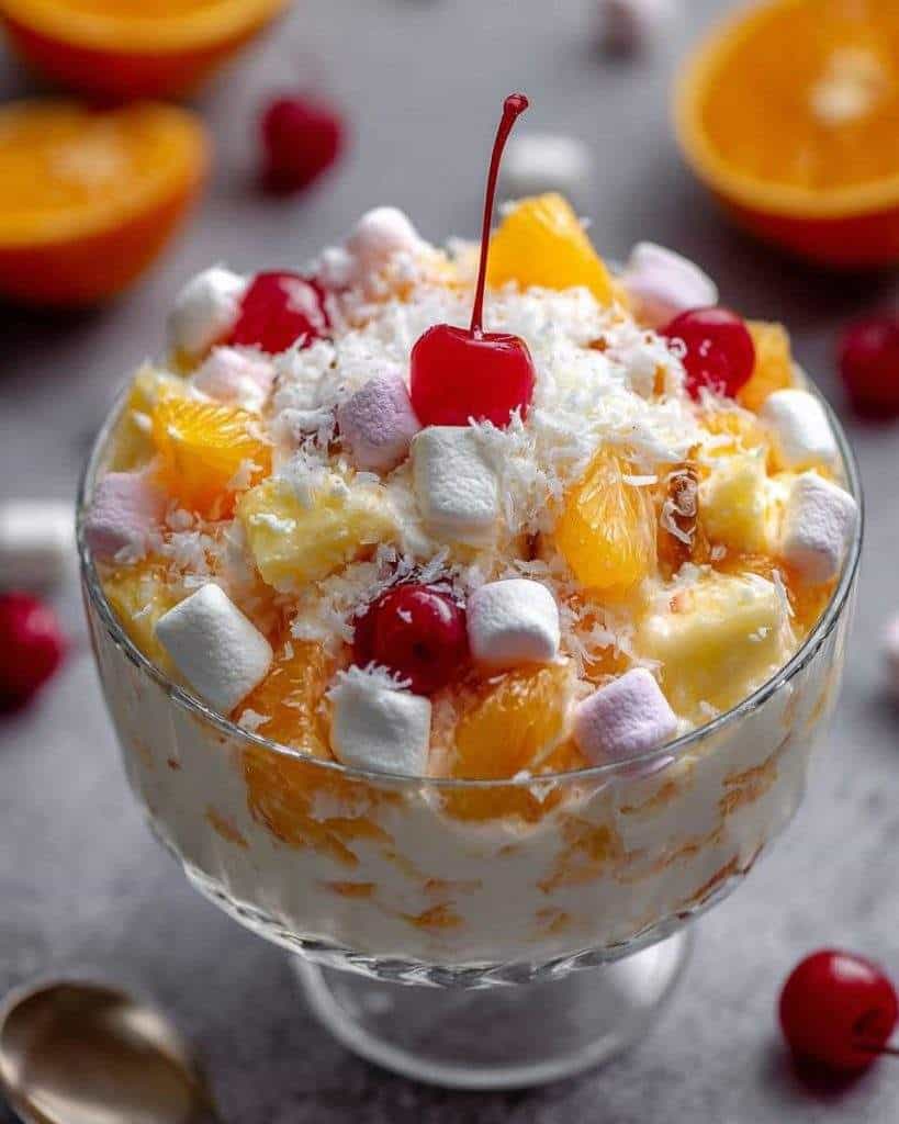 Creamy Ambrosia Salad with juicy oranges, pineapple chunks, sweet marshmallows, and shredded coconut — a refreshing, no-cook dessert perfect for any occasion!