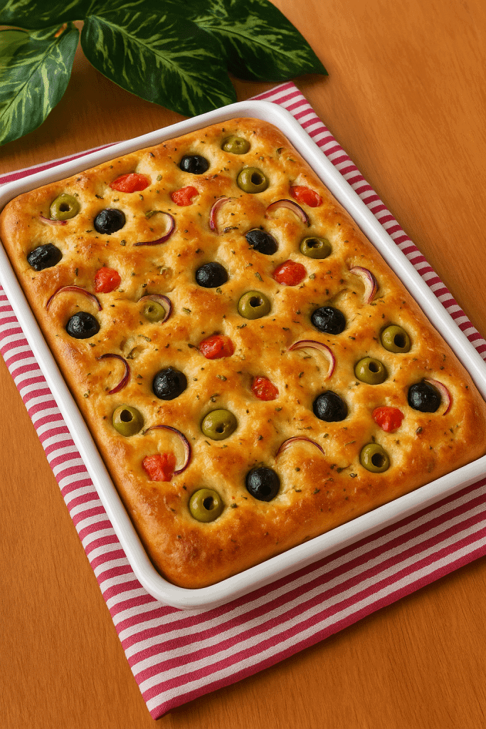 Homemade Italian Focaccia Bread topped with cherry tomatoes, olives, and rosemary – golden, soft, and perfectly baked traditional Italian flatbread.