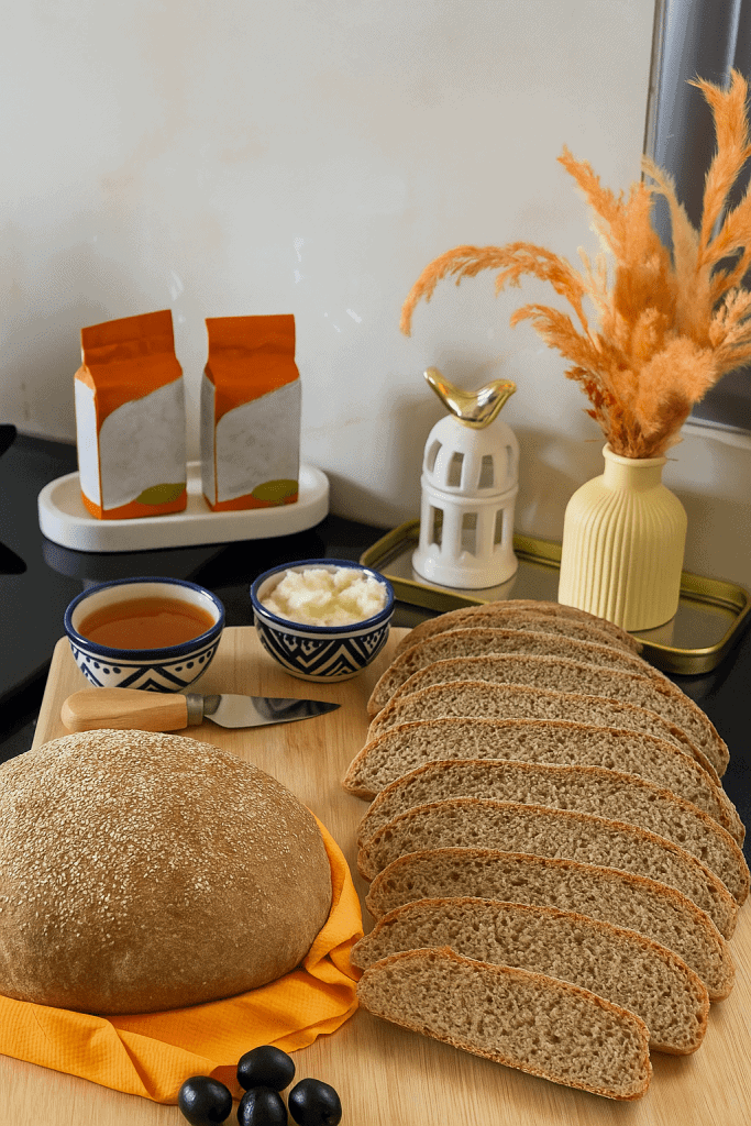 A rustic loaf of homemade Barley Bread, golden brown and baked to perfection — a healthy, fiber-rich bread made with whole barley flour, ideal for a nutritious breakfast or light sandwich.