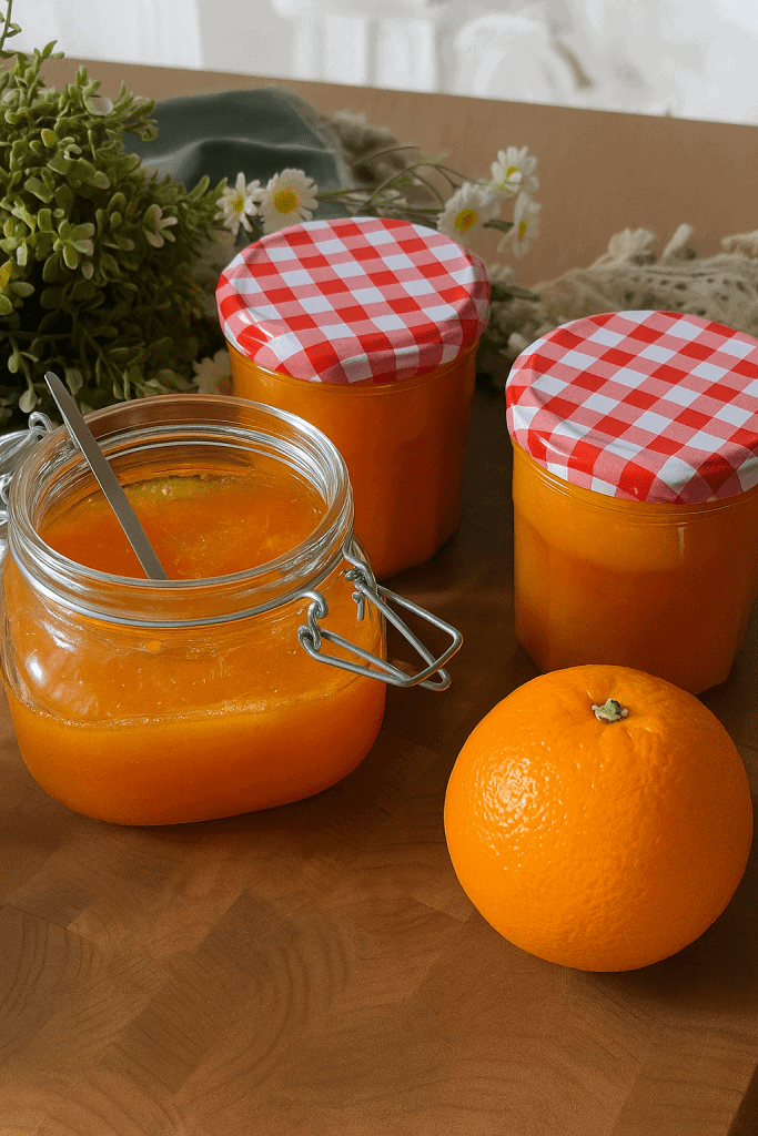 Homemade Orange Jam in a glass jar with fresh oranges on the side – rich, glossy, and perfect for toast or desserts.