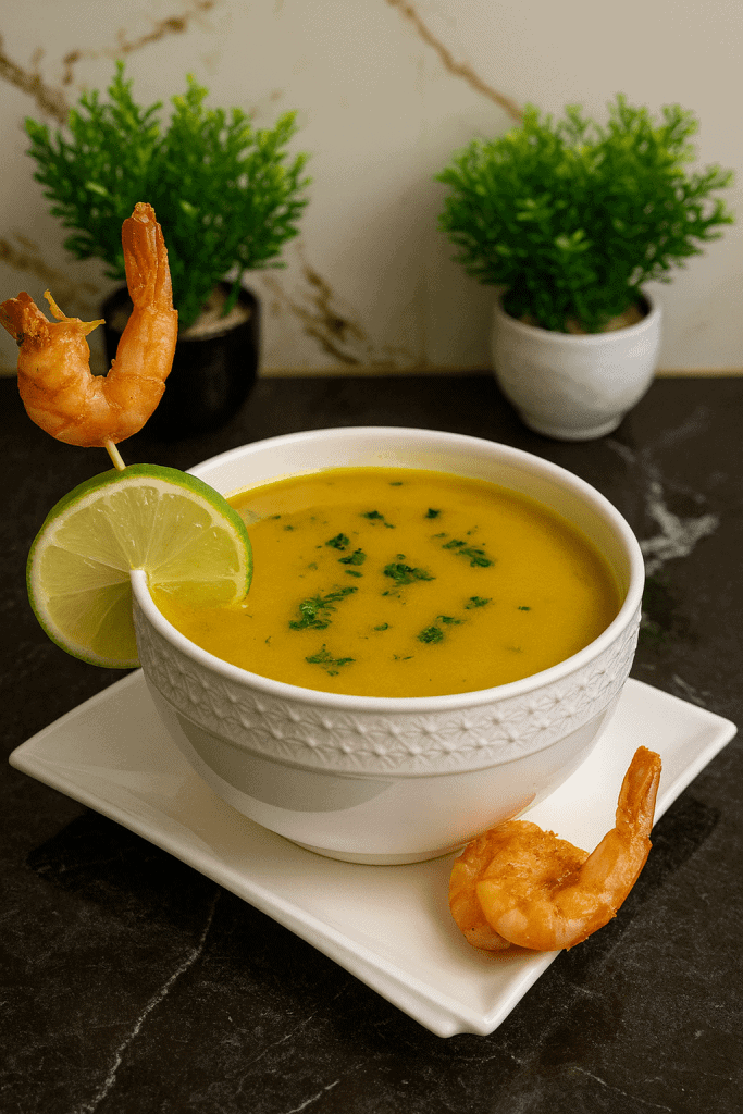 Creamy shrimp vegetable soup made with blended pumpkin, potatoes, carrots, zucchini, and homemade shrimp stock, finished with tender shrimp, lemon, and fresh parsley for a rich and velvety seafood dish.