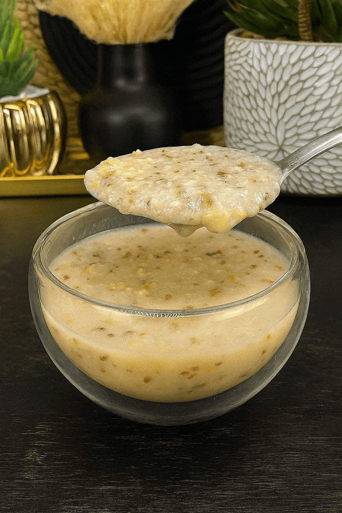 A clear bowl of creamy barley soup placed on a wooden surface with decorative elements in the background.