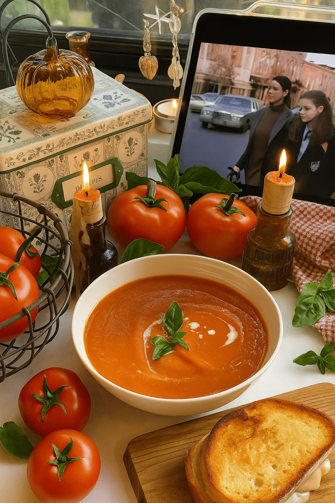 Delicious and comforting tomato soup recipe topped with creamy swirl and fresh basil, served with warm golden cheese toast on a wooden board.